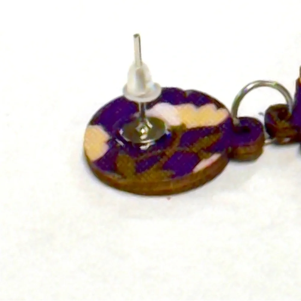 UNBRANDED Bohemian RETRO Purple Floral Print WOODEN Stud Drop Dangle EARRINGS